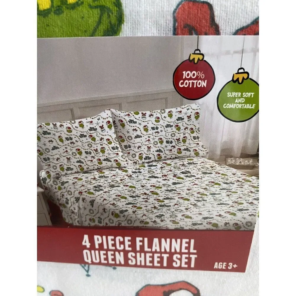 4 Pc Dr. Seuss The Grinch QUEEN Size Cotton Flannel Sheet Set Christmas Soft NEW
